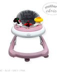 Baby walker with pink base and gray seat, featuring colorful toys, on a white background.