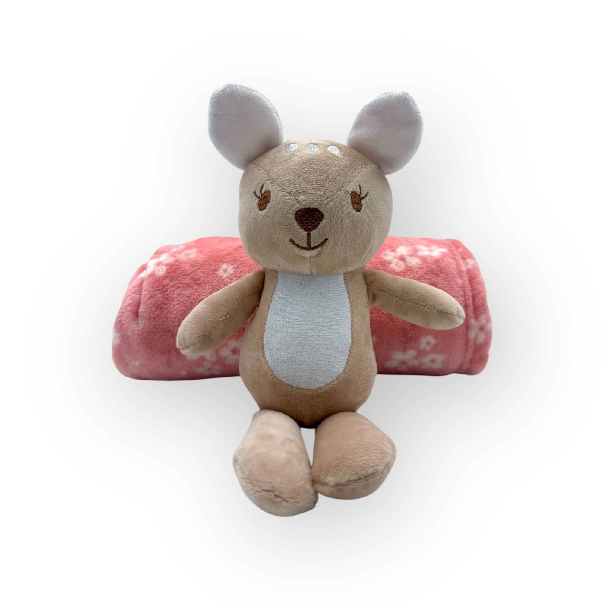 Plush toy with a pink pillow on a white background