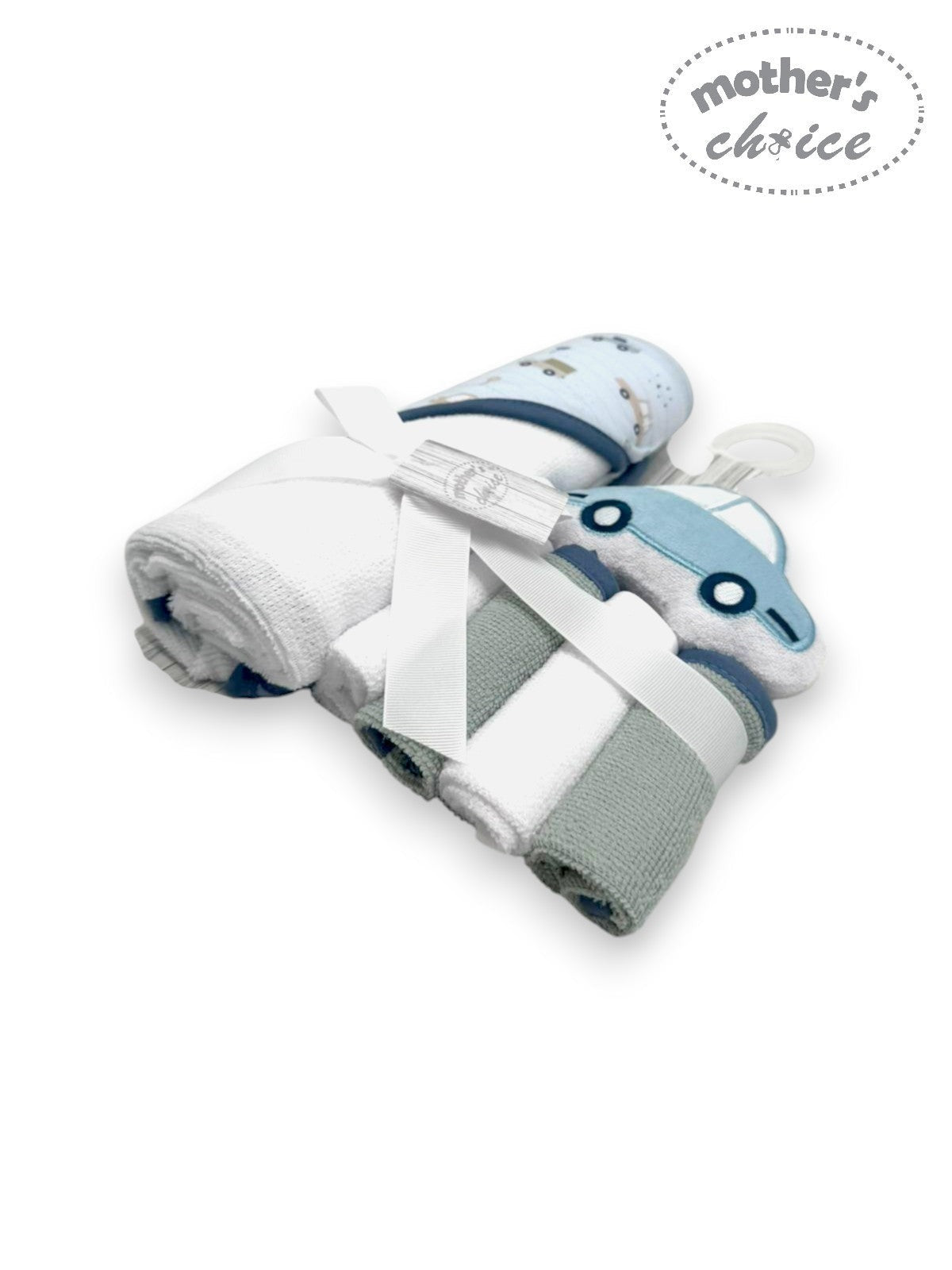 hooded towel and 4 washcloths and wash sponge blue car