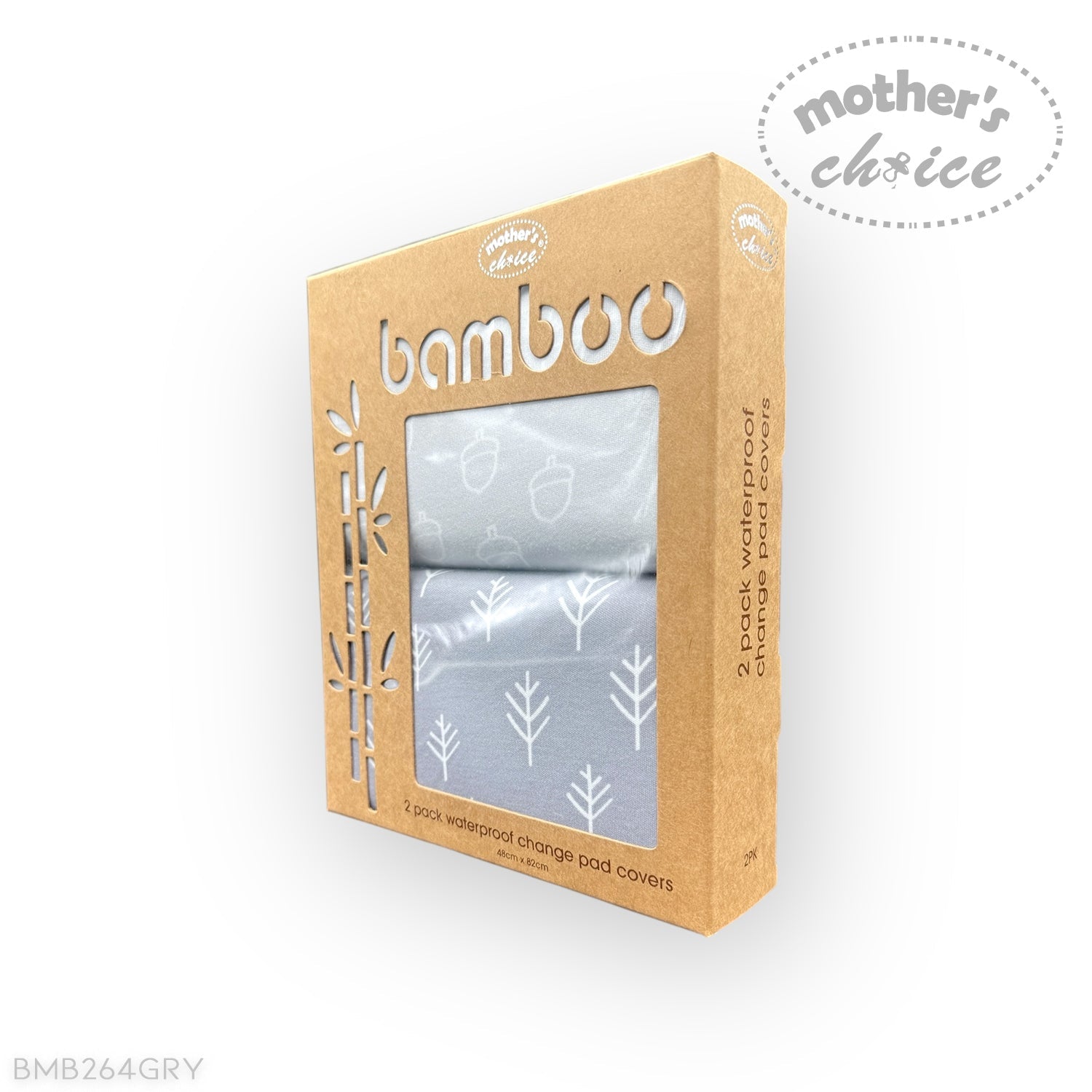 Packaging of bamboo waterproof change pad covers with 'Mother's Choice' branding on a white background.
