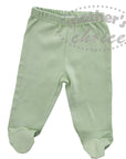 Green baby pants with footies on a white background