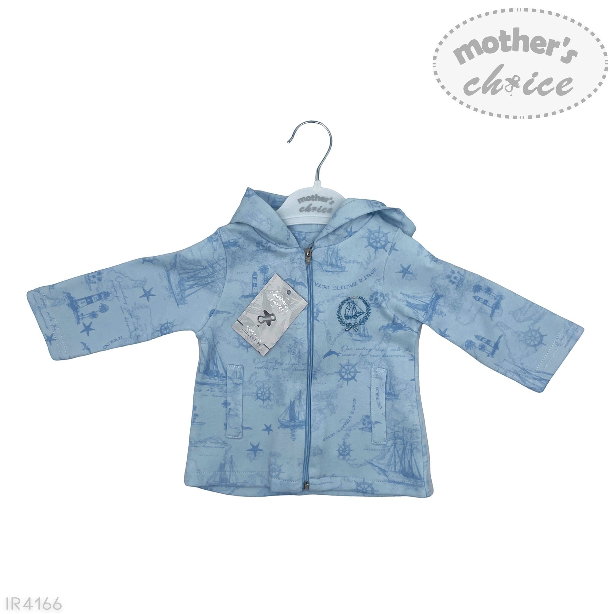 Blue children's jacket with a pattern on a hanger against a white background, featuring 'mother's choice' branding.
