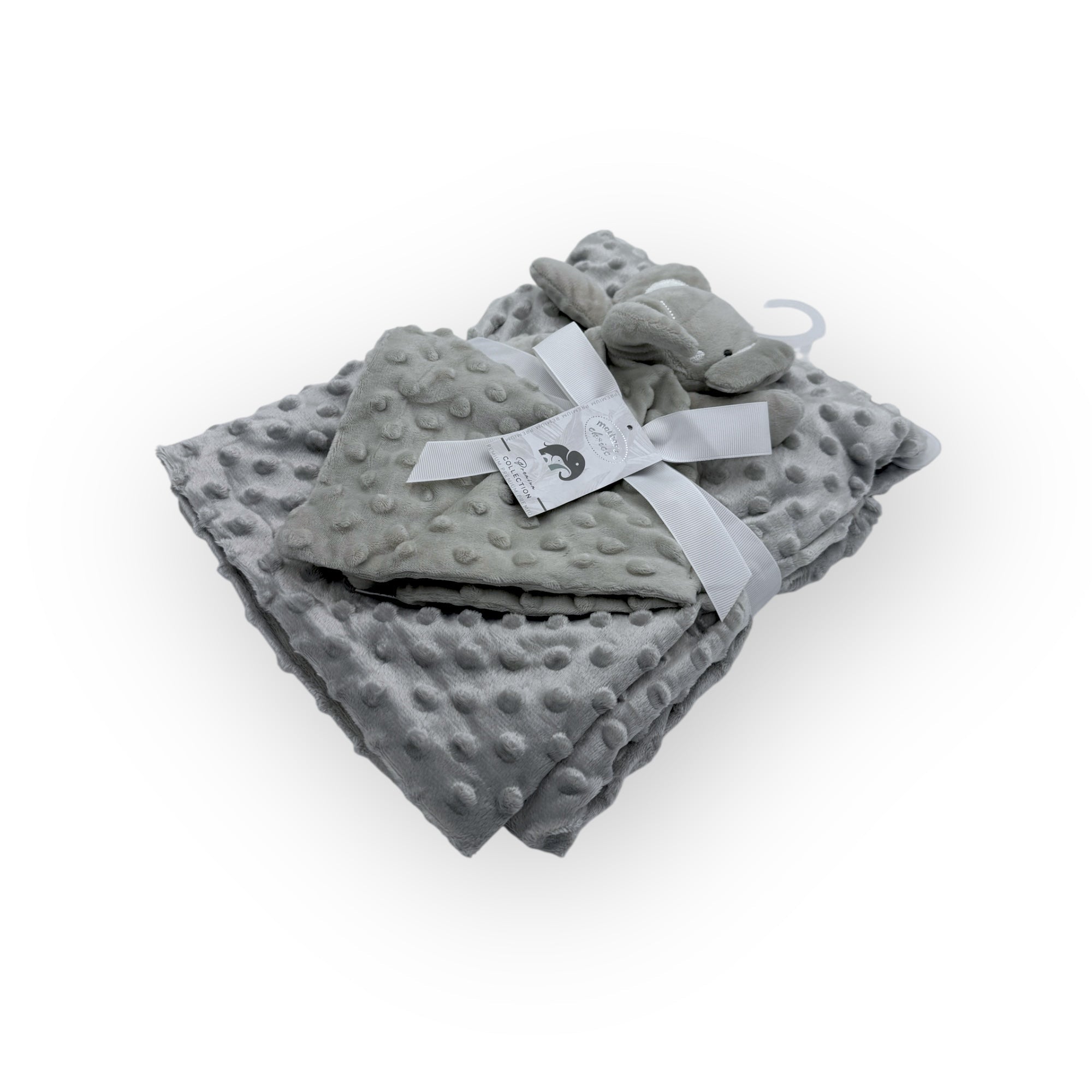 Gray textured blanket with a white tag on a white background