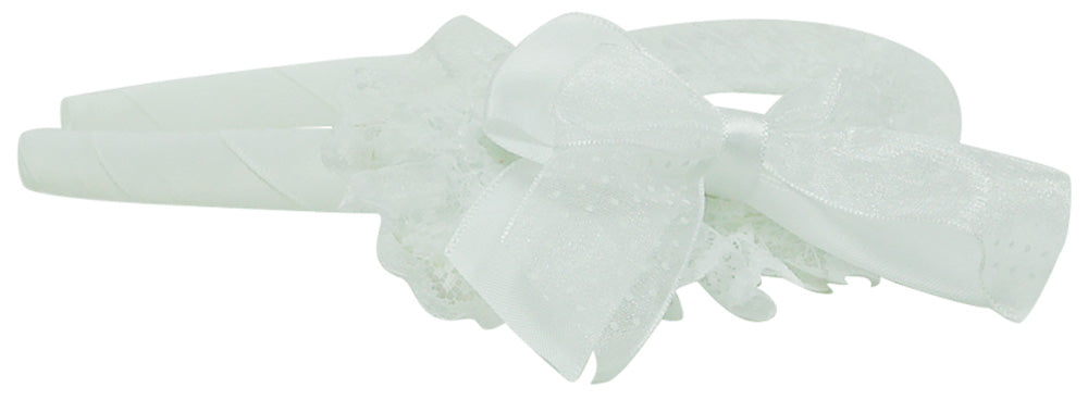 Mothers Choice Girls Alice Band White Satin/Lace Polka Dot Bows