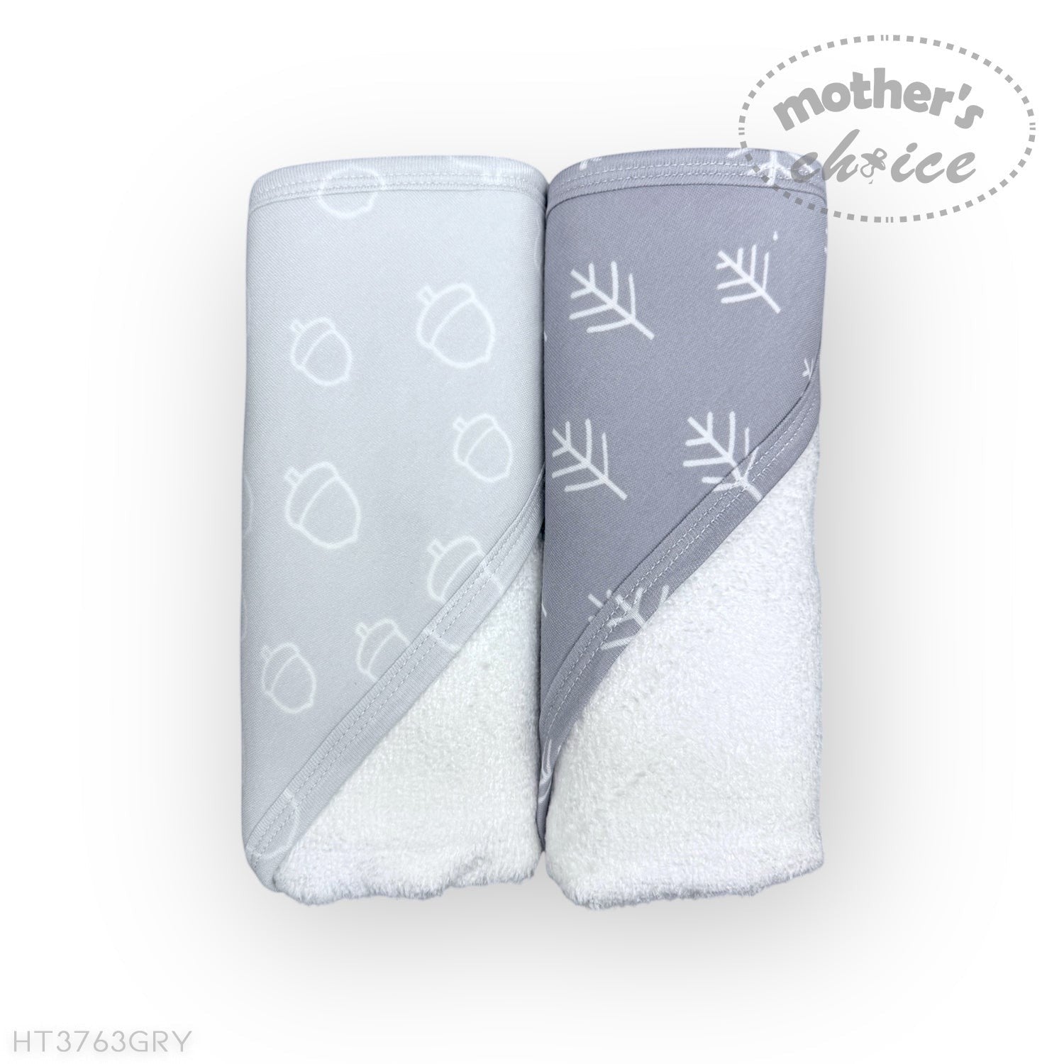 Two folded towels with gray and white patterns on a white background, branded 'Mother's Choice'.