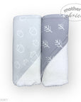 Two folded towels with gray and white patterns on a white background, branded 'Mother's Choice'.