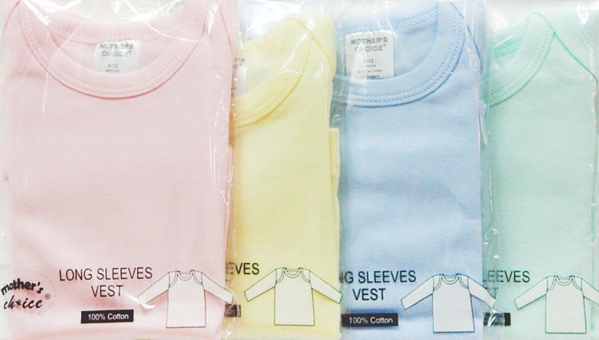 Four long-sleeve vests in pink, yellow, blue, and green packaging.