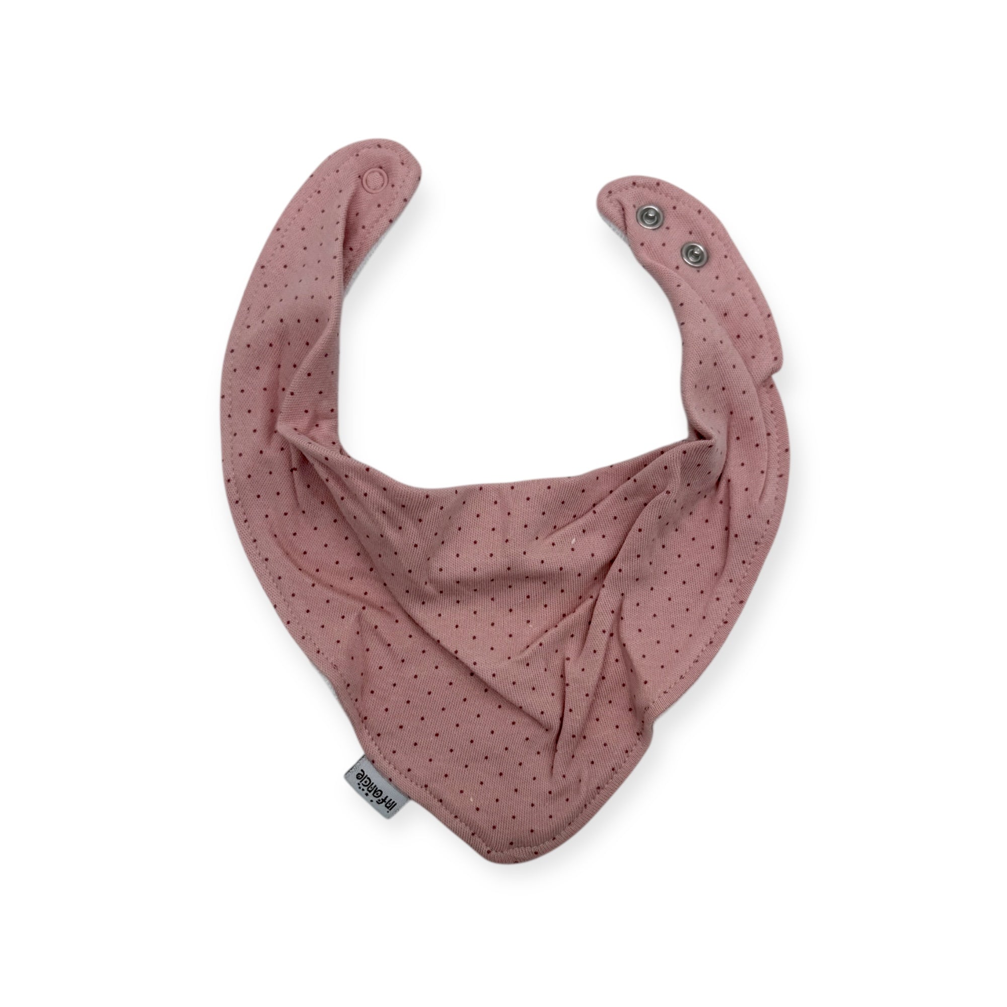 Pink polka dot bandana bib on a white background