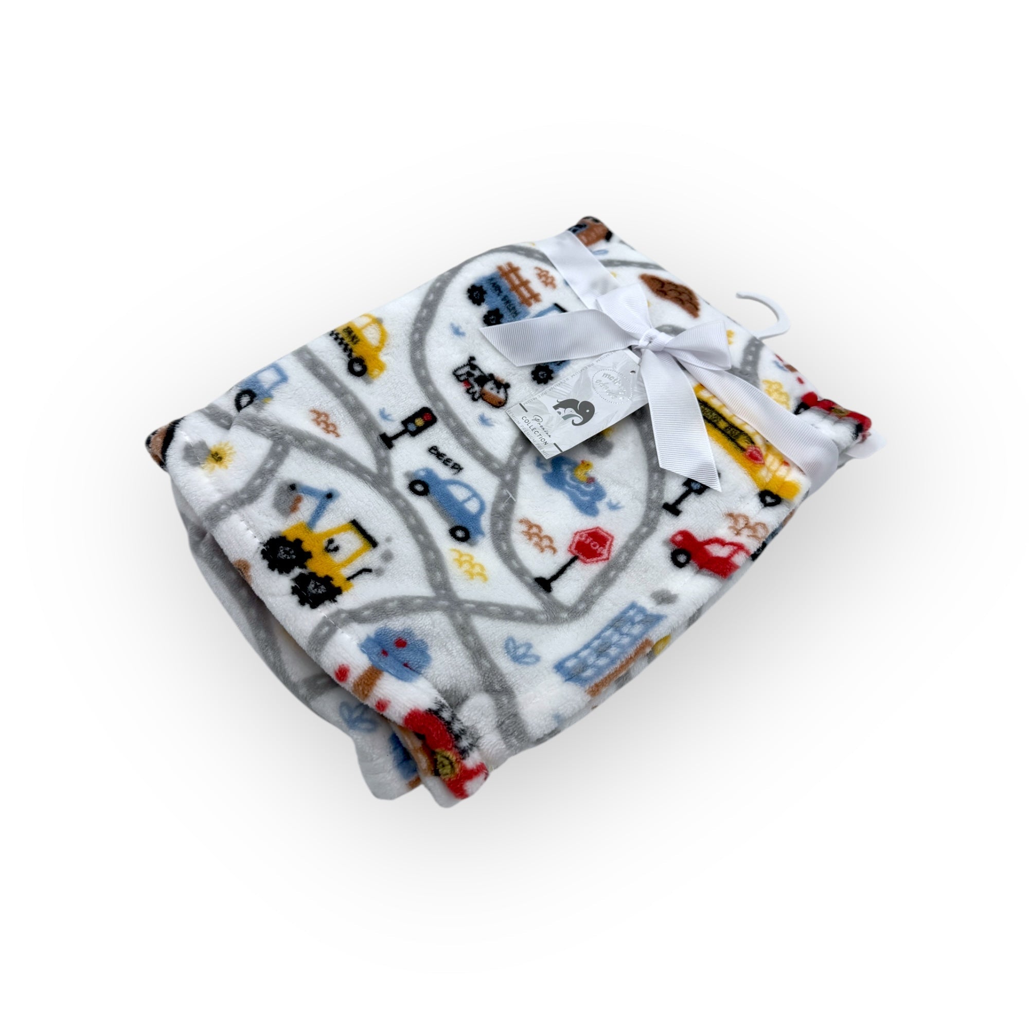 Baby blanket with road and vehicle pattern on a white background