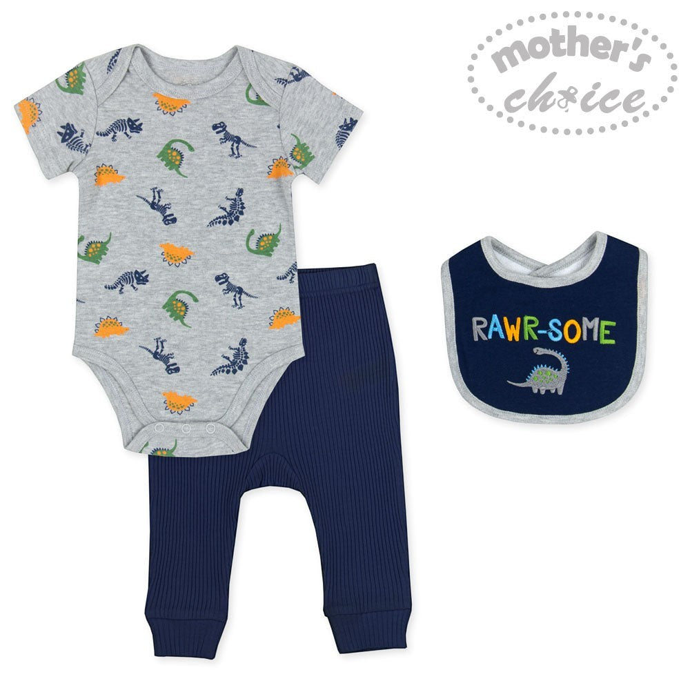 Baby outfit set with gray bodysuit, navy pants, and bib with dinosaur pattern on a white background.