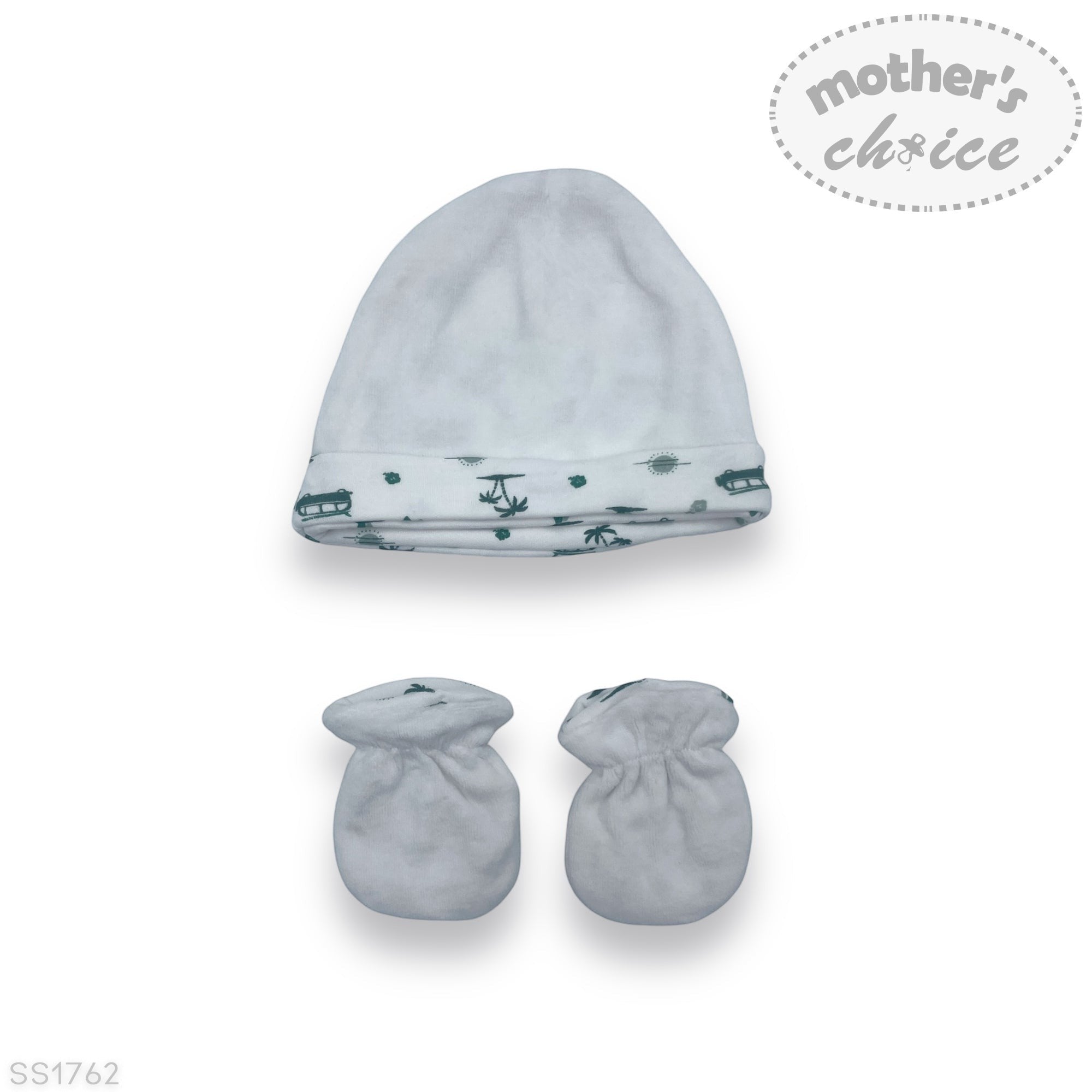 Baby hat and mittens set with 'Mother's Choice' branding on a white background
