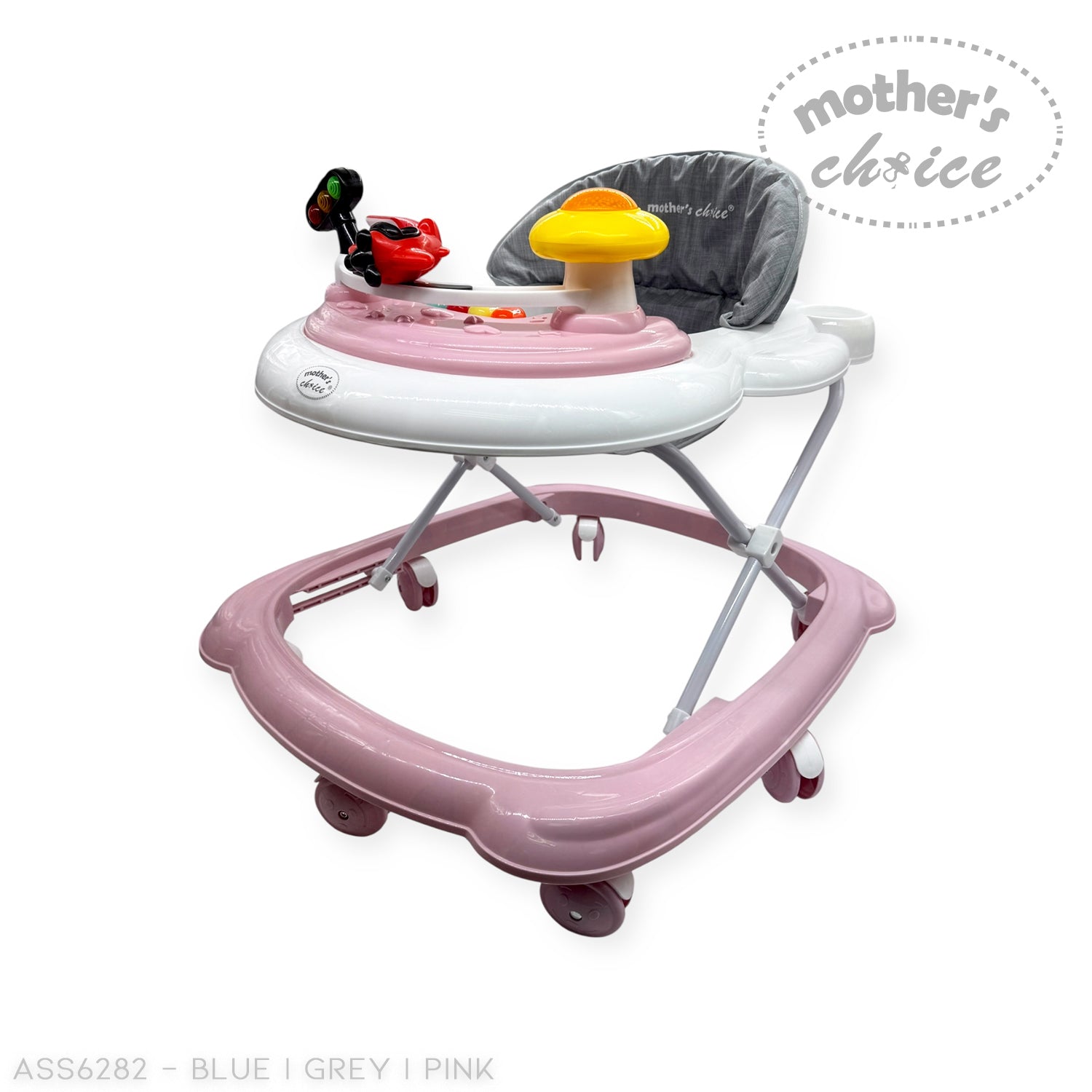 Pink and white baby walker with toys on a white background, branded 'Mother's Choice'.