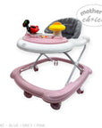 Pink and white baby walker with toys on a white background, branded 'Mother's Choice'.