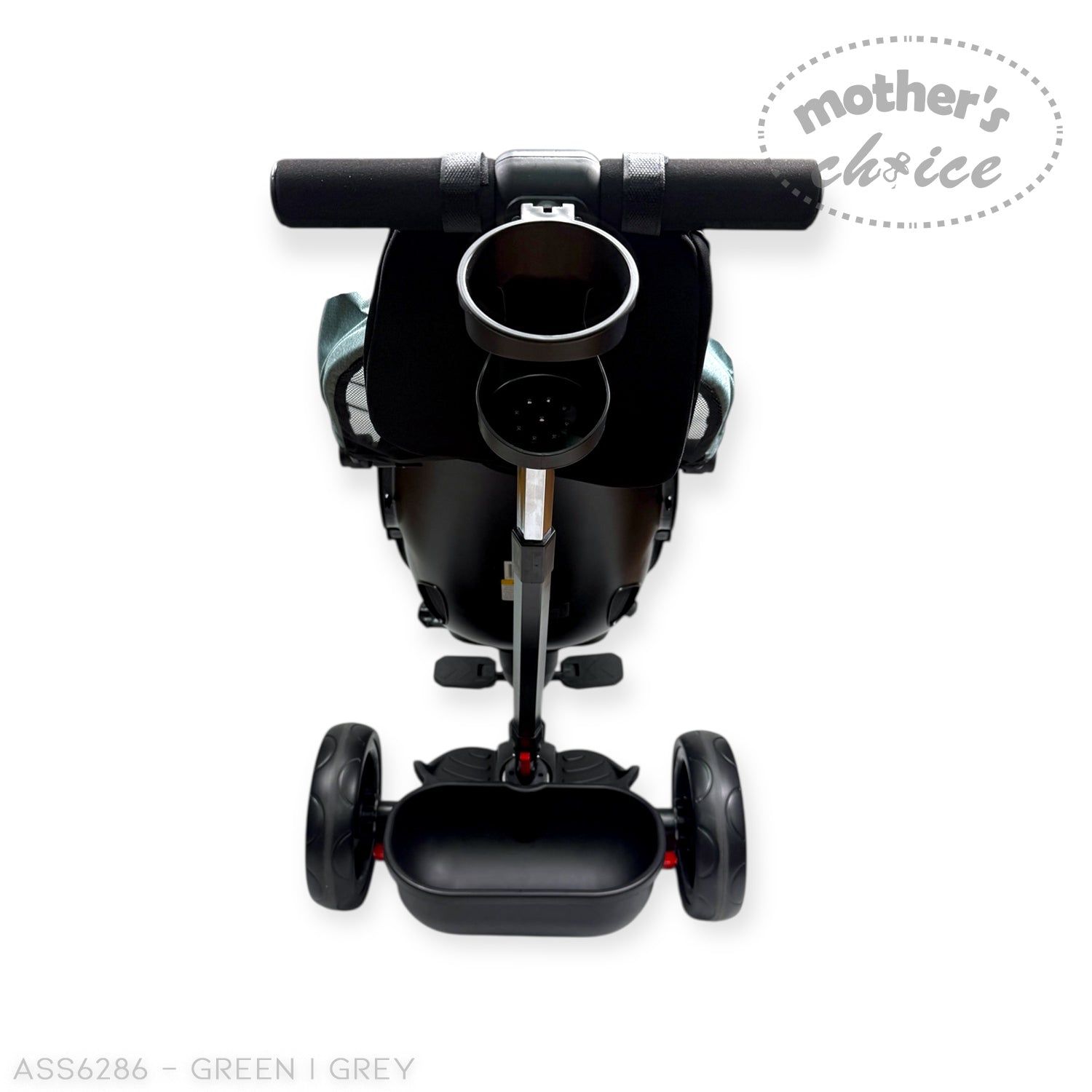 Black scooter with cup holder on a white background, featuring 'mother's choice' branding.
