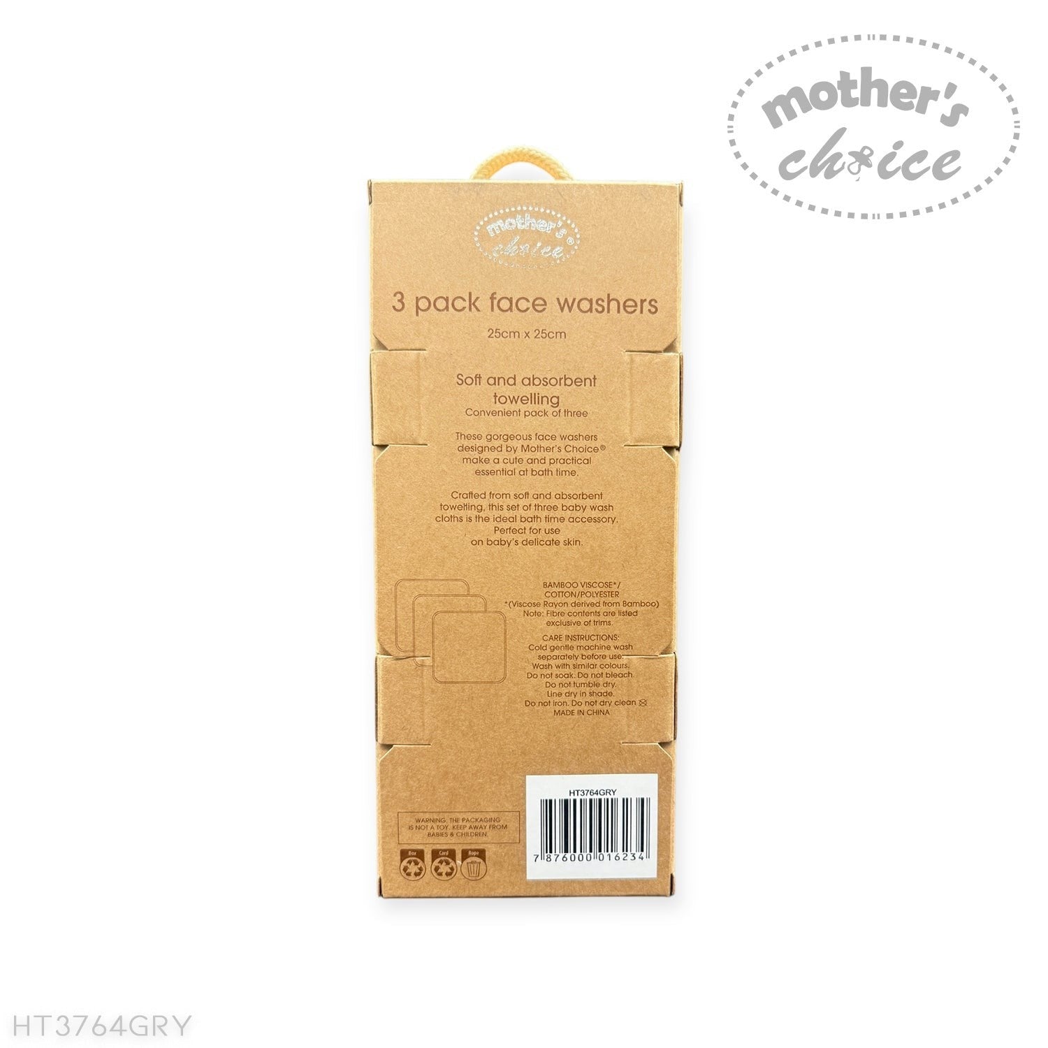 Cardboard packaging for 3-pack face washers with 'Mother's Choice' branding on a white background.