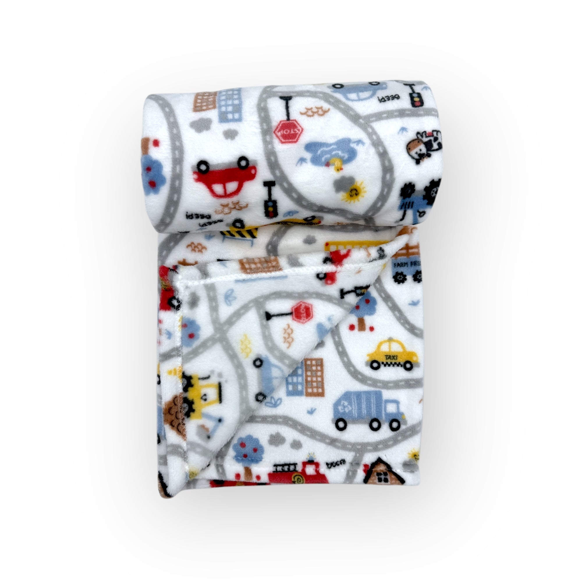 Flannel baby blanket with road and vehicle pattern on a white background