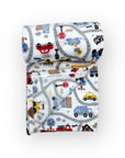 Flannel baby blanket with road and vehicle pattern on a white background