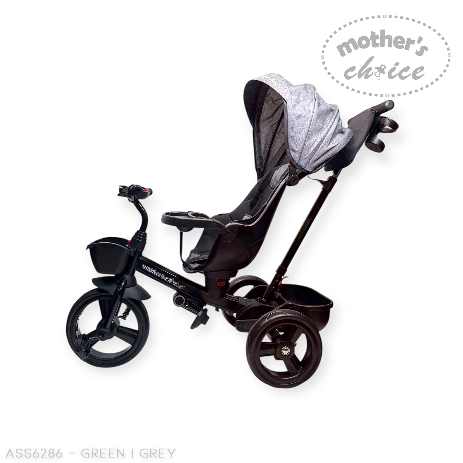 Black and gray baby tricycle with canopy on a white background, featuring 'Mother's Choice' branding.
