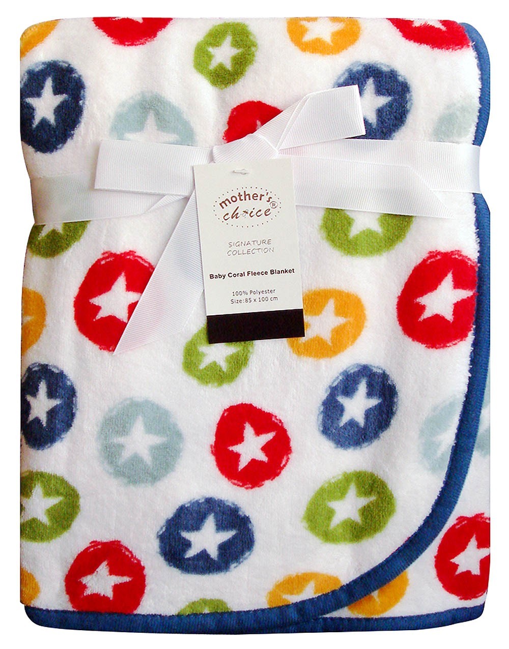 Baby blanket with star patterns and 'Mother's Choice' tag on a white background