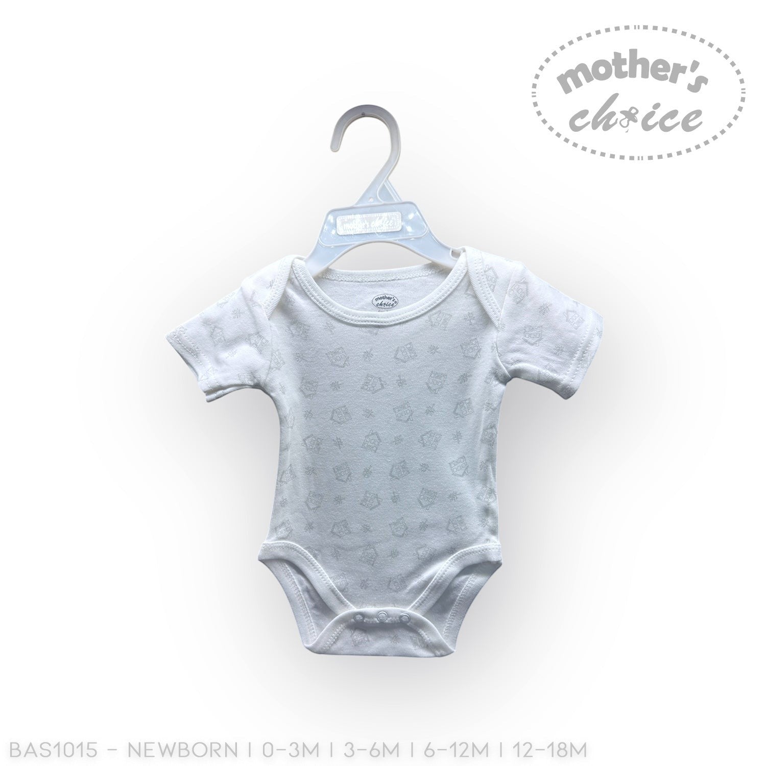 Gray baby onesie on a hanger with 'Mother's Choice' branding on a white background