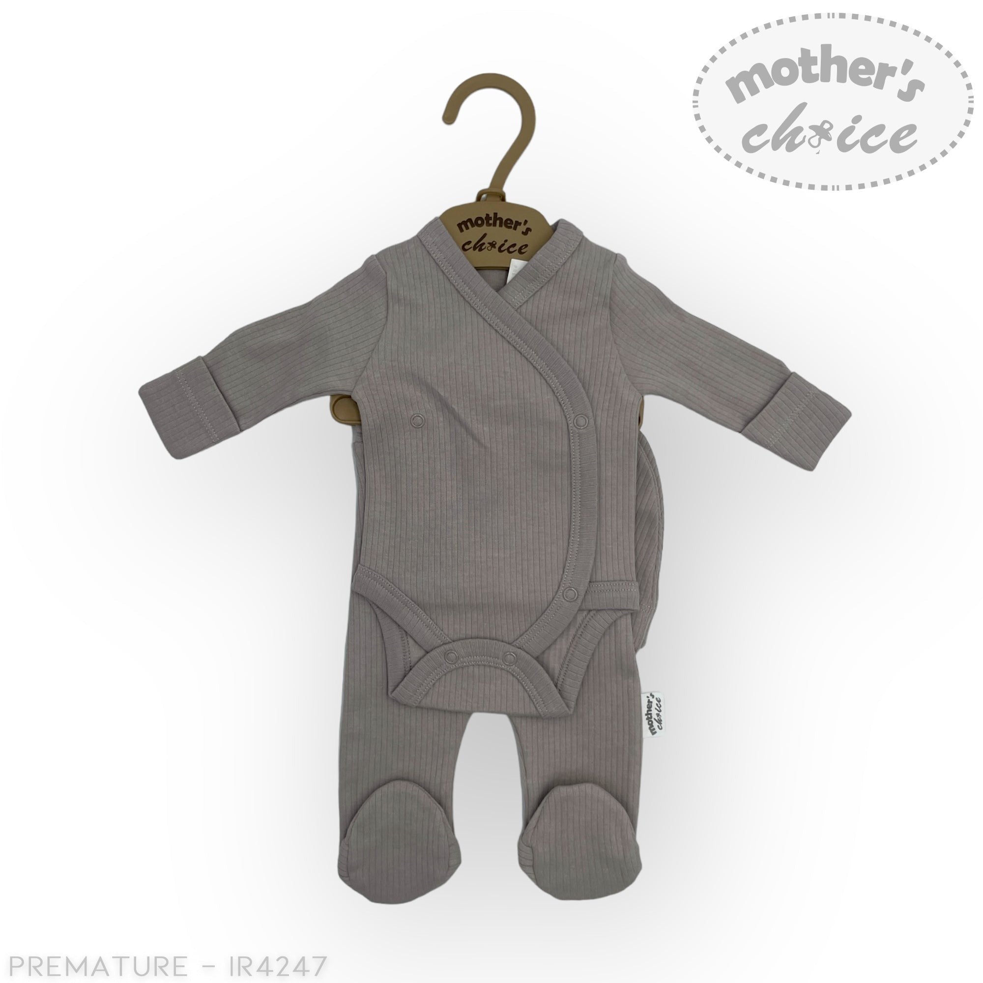 Gray baby onesie on a hanger with 'mother's choice' branding on a white background