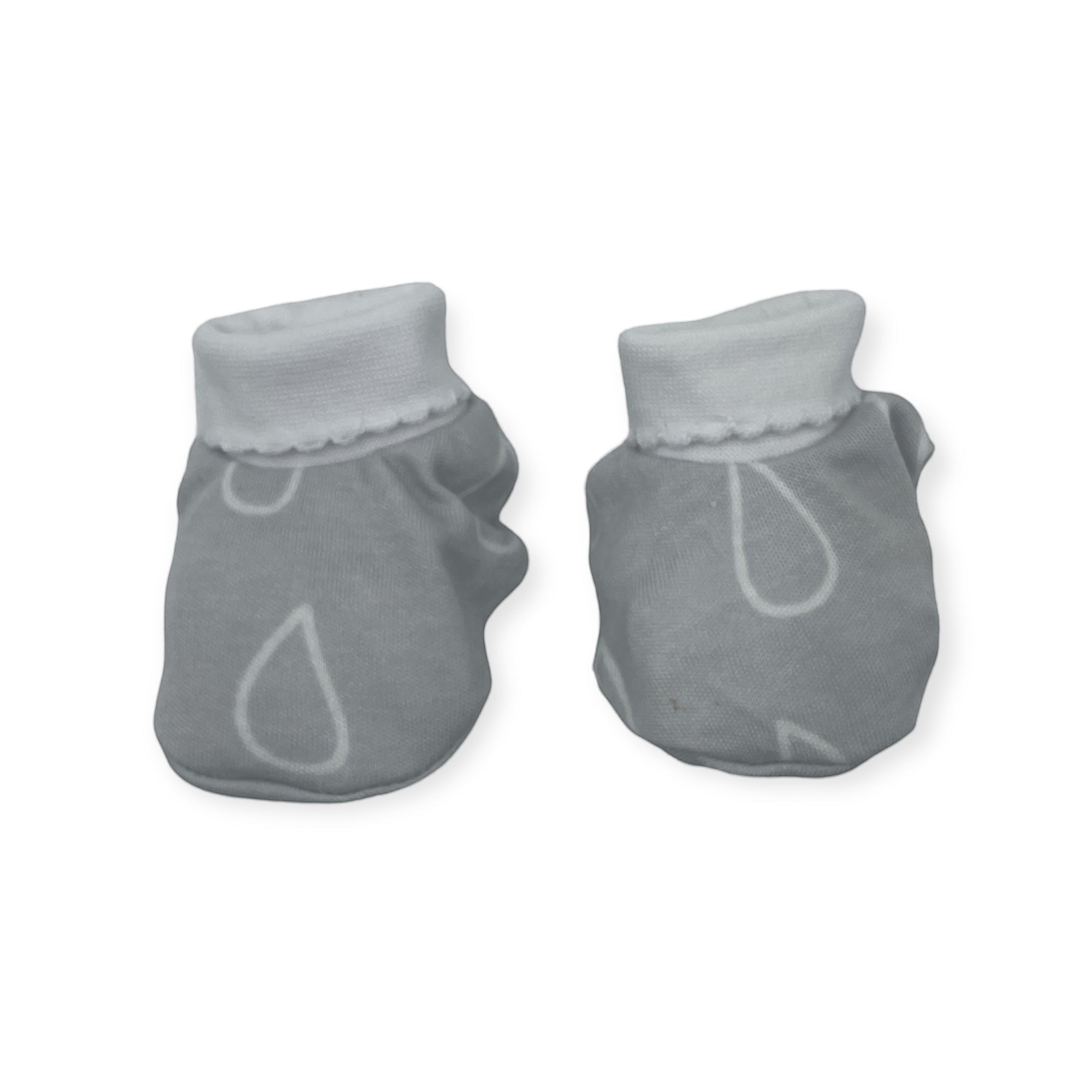 Pair of gray baby booties with a white background