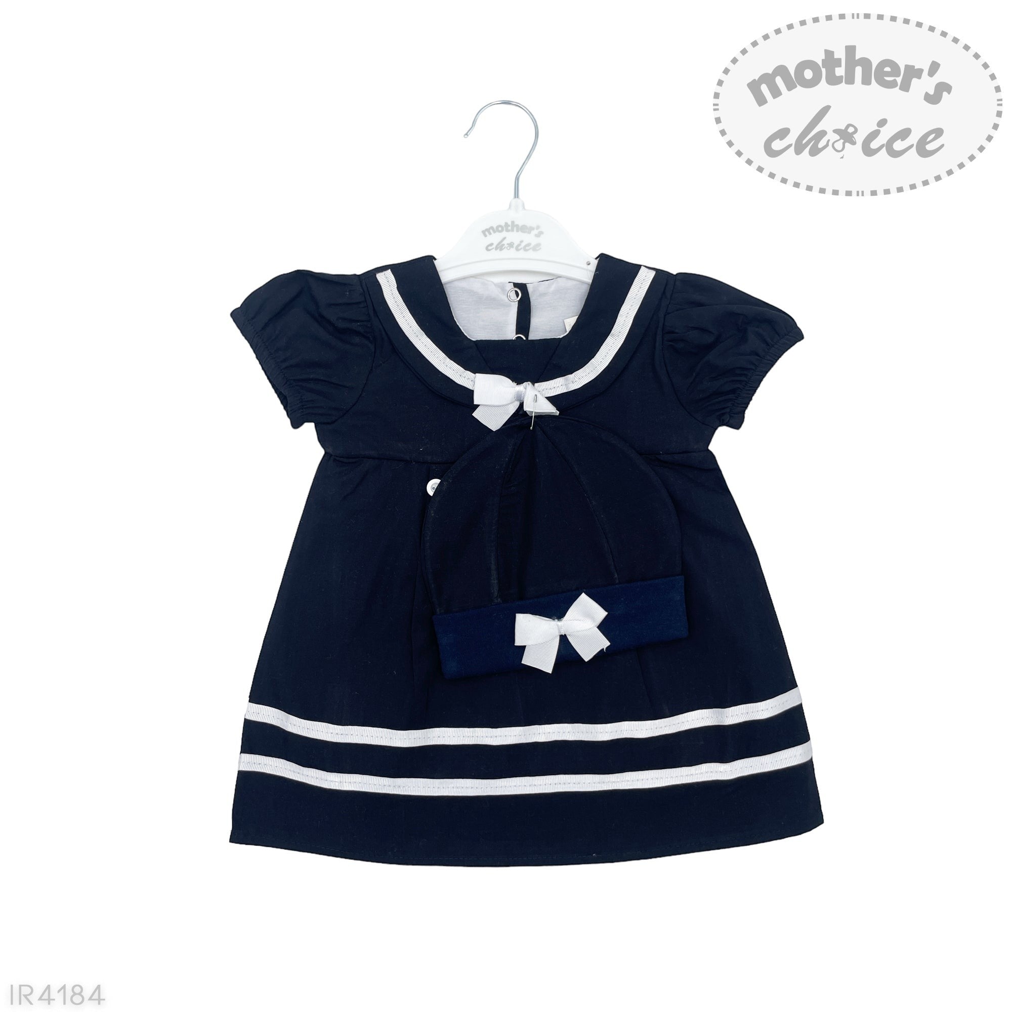 Navy blue dress with white trim on a hanger against a white background, featuring 'Mother's Choice' branding.