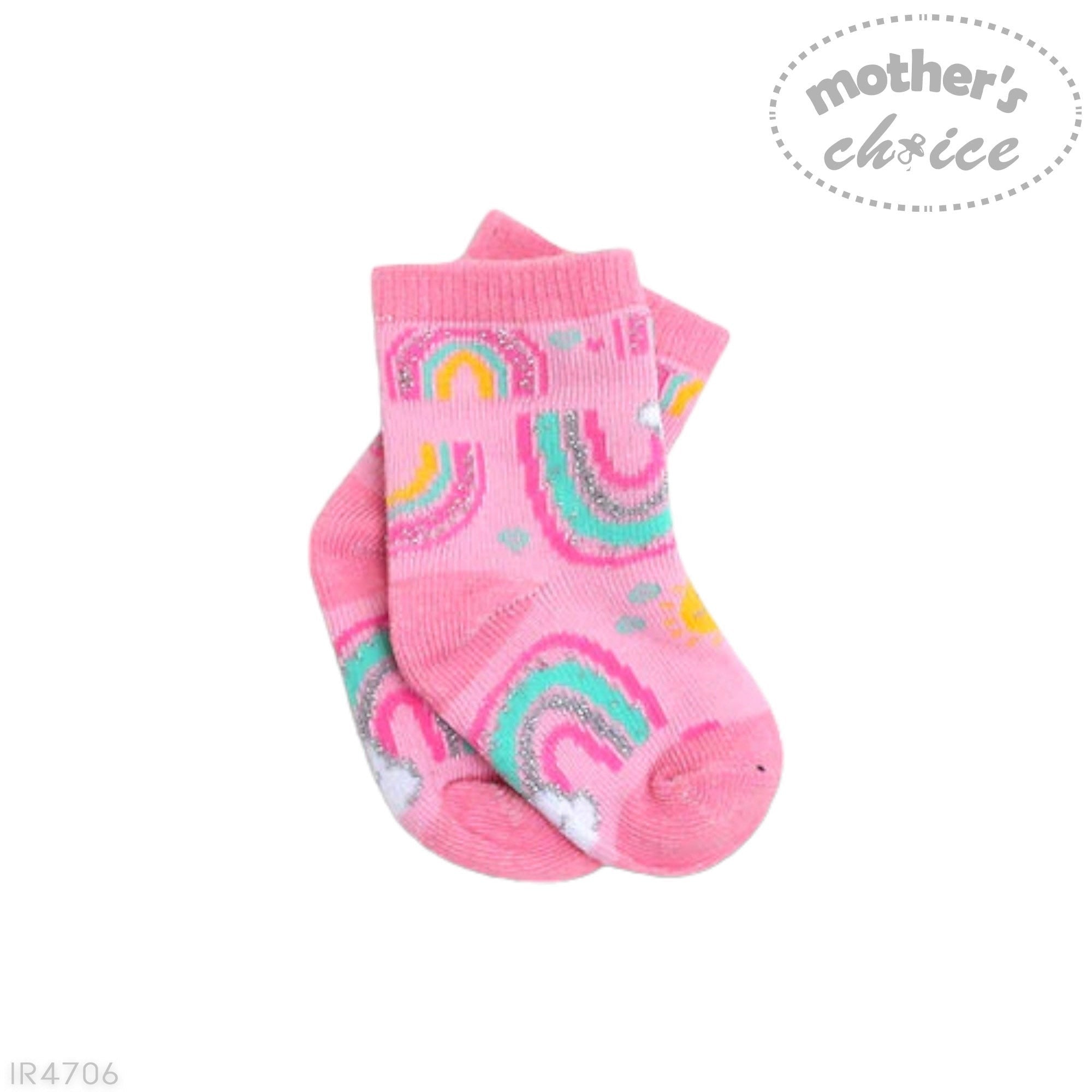 Pink children's socks with rainbow patterns on a white background, branded 'Mother's Choice'.
