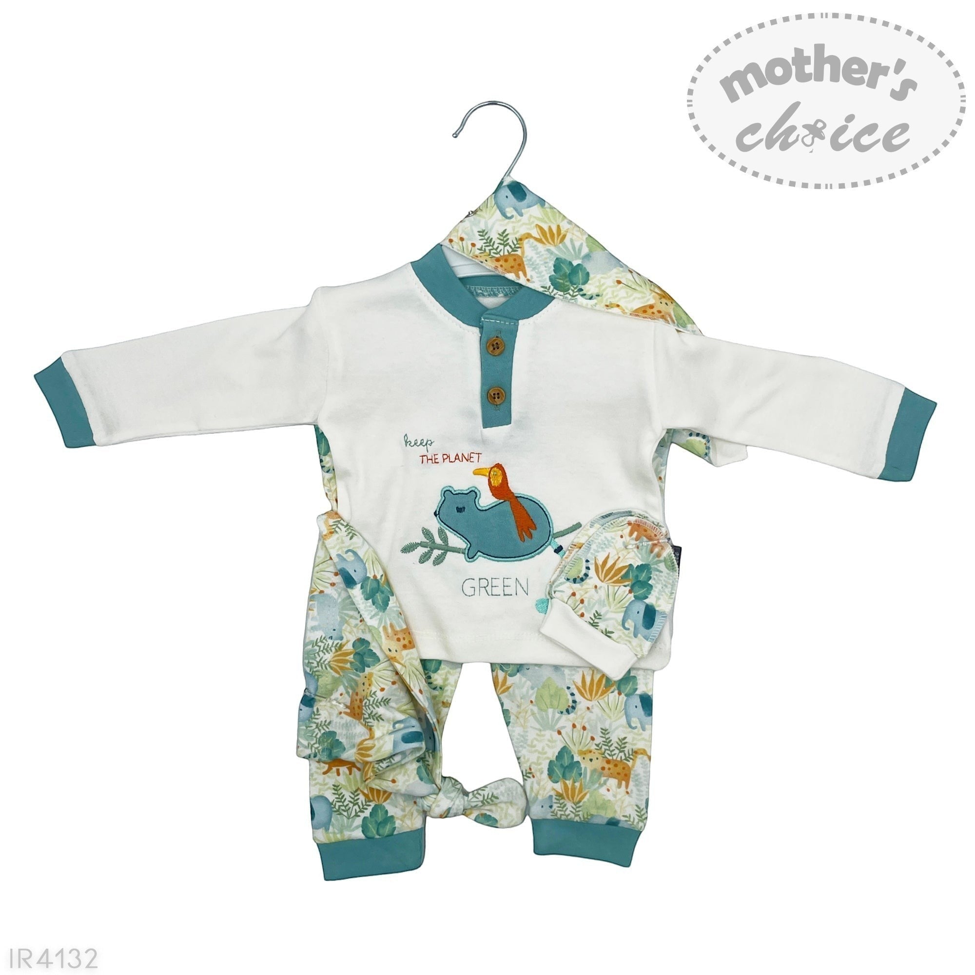 Baby outfit with long-sleeve shirt, pants, and hat on a hanger with 'mother's choice' branding.
