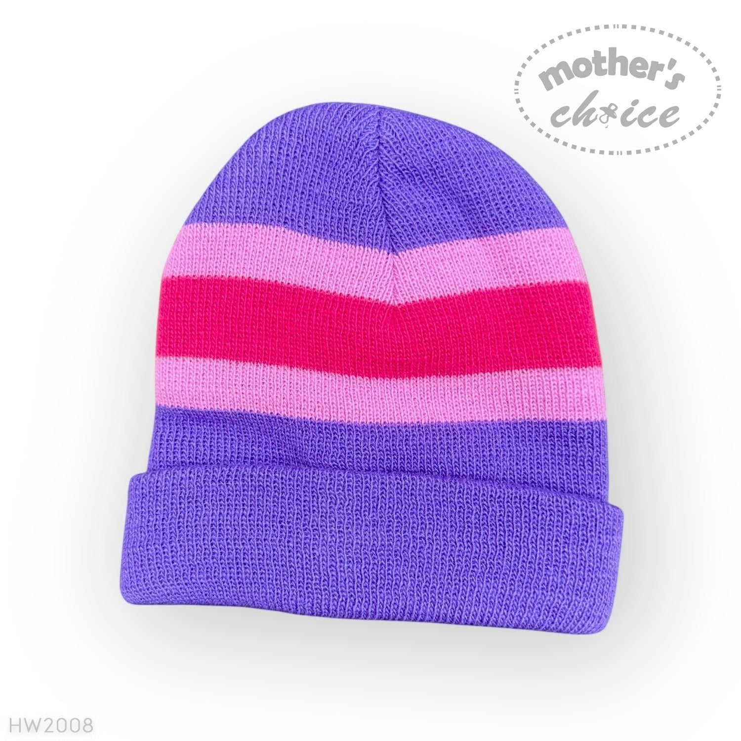 Purple and pink striped beanie on a white background with 'Mother's Choice' branding.