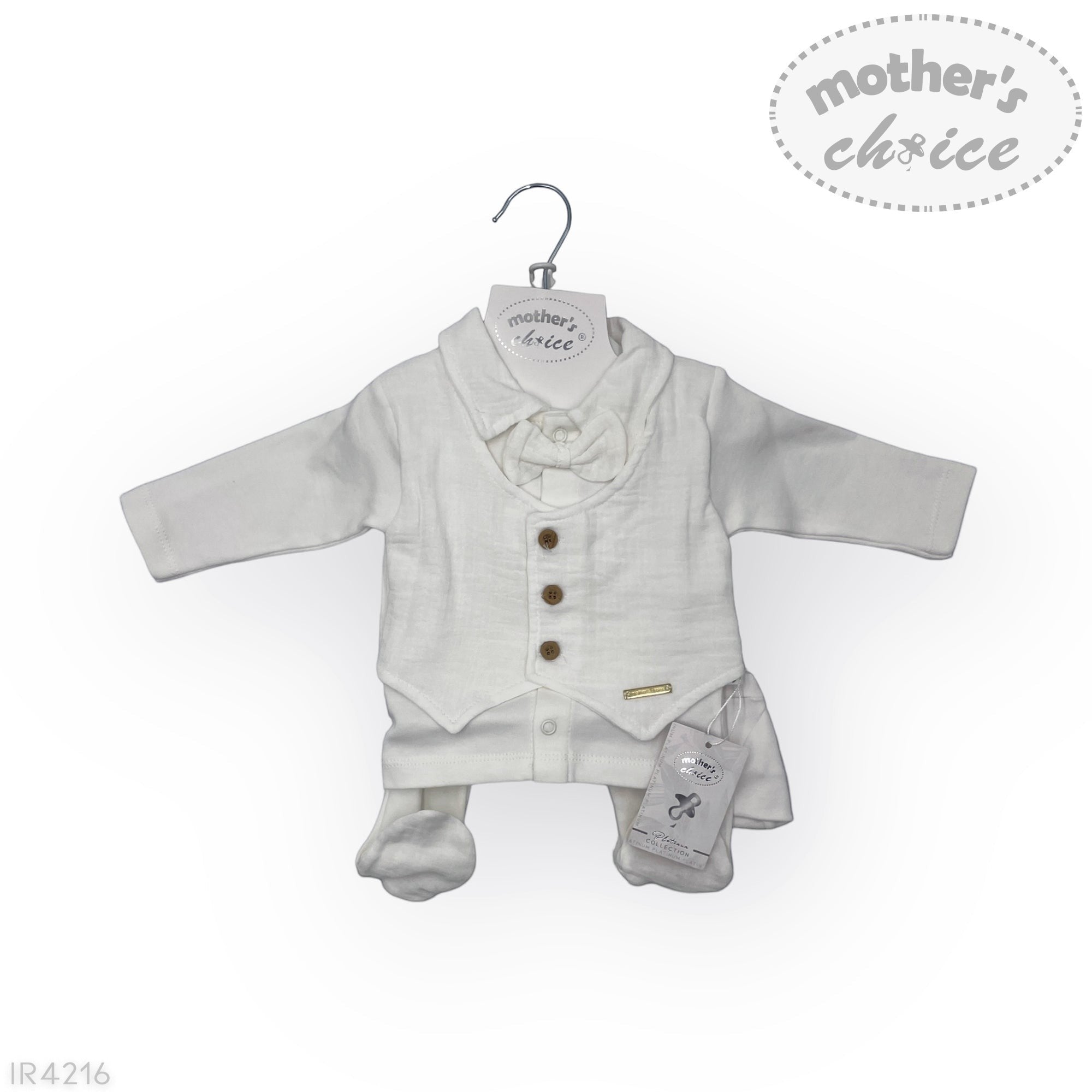 Baby outfit set with shirt, vest, and pants on a hanger against a white background.