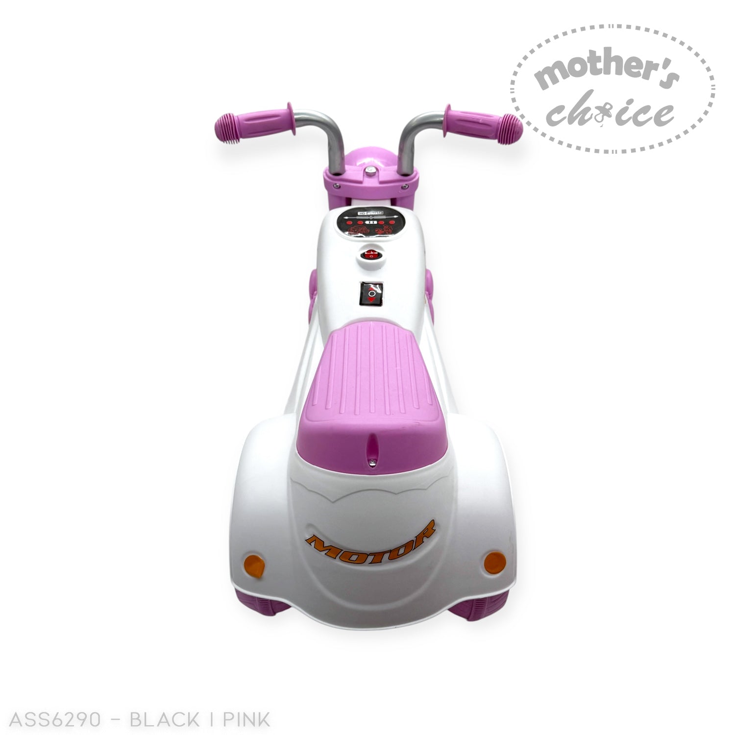 Black and pink toy tricycles with 'Mother's Choice' label on a white background