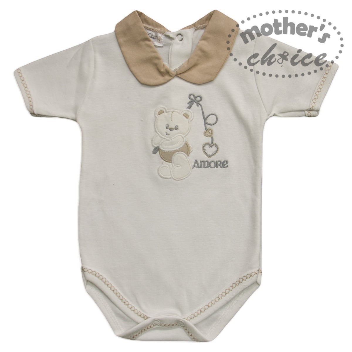 Baby onesie with teddy bear design and 'Alore' text on a white background, branded 'Mother's Choice'.
