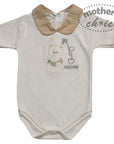Baby onesie with teddy bear design and 'Alore' text on a white background, branded 'Mother's Choice'.