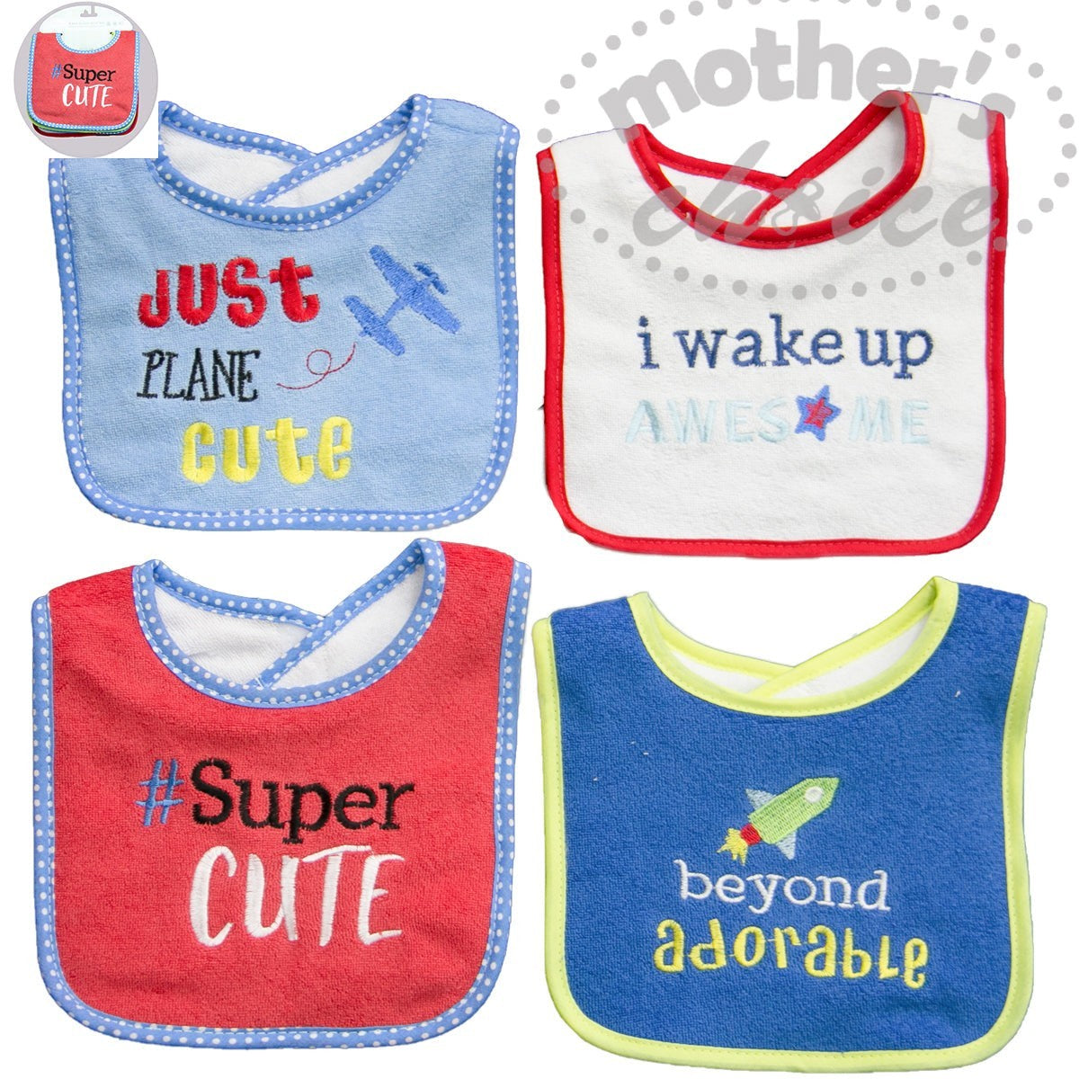 Four baby bibs with colorful text and graphics on a white background