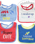 Four baby bibs with colorful text and graphics on a white background