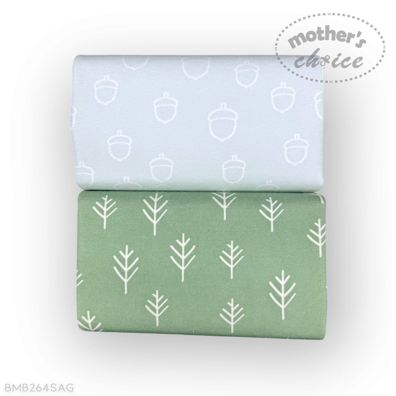 Two folded fabrics with acorn and tree patterns on a white background, branded 'Mother's Choice'.