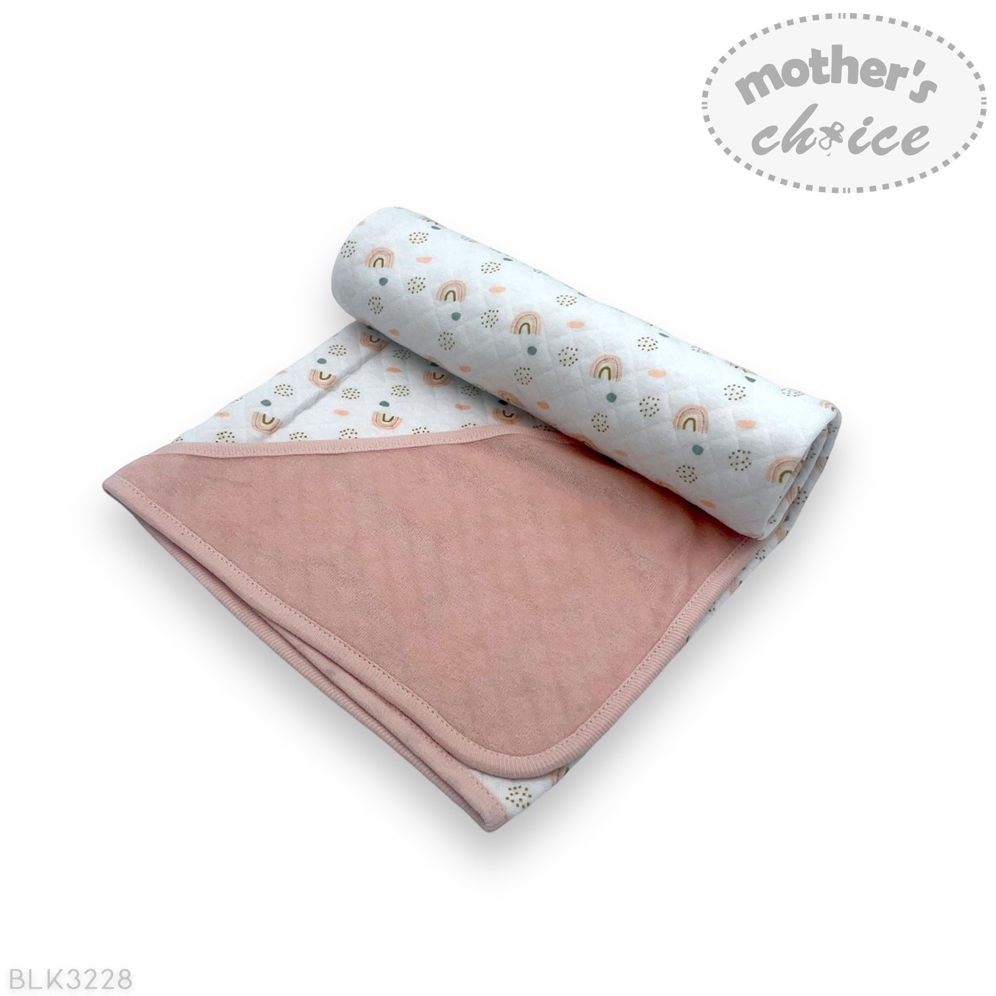 Roll of pink and white baby blanket with 'Mother's Choice' branding on a white background