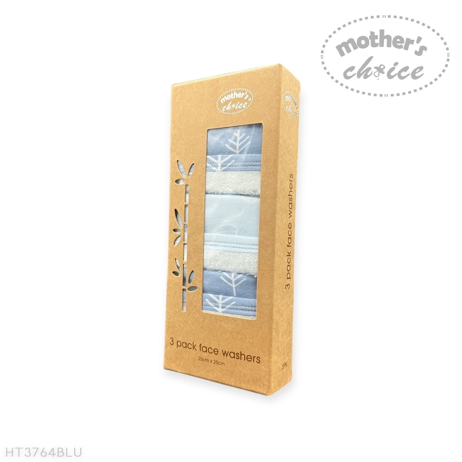 Packaging of 3-pack face washers with 'Mother's Choice' branding on a white background.