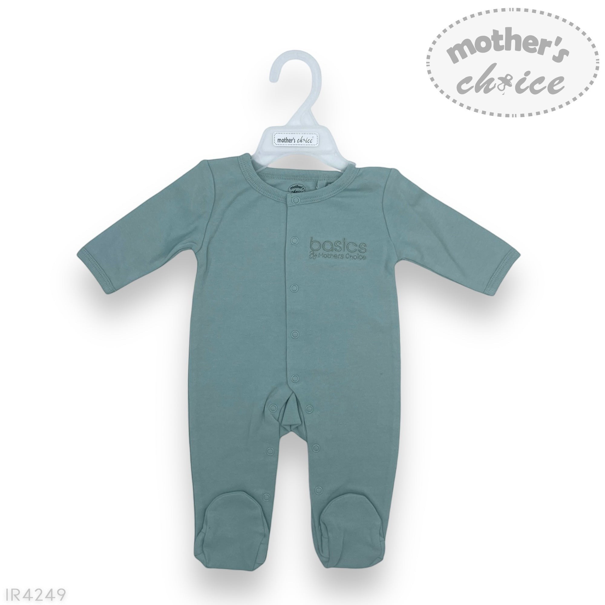 Green baby onesie on a hanger with 'Mother's Choice' branding.