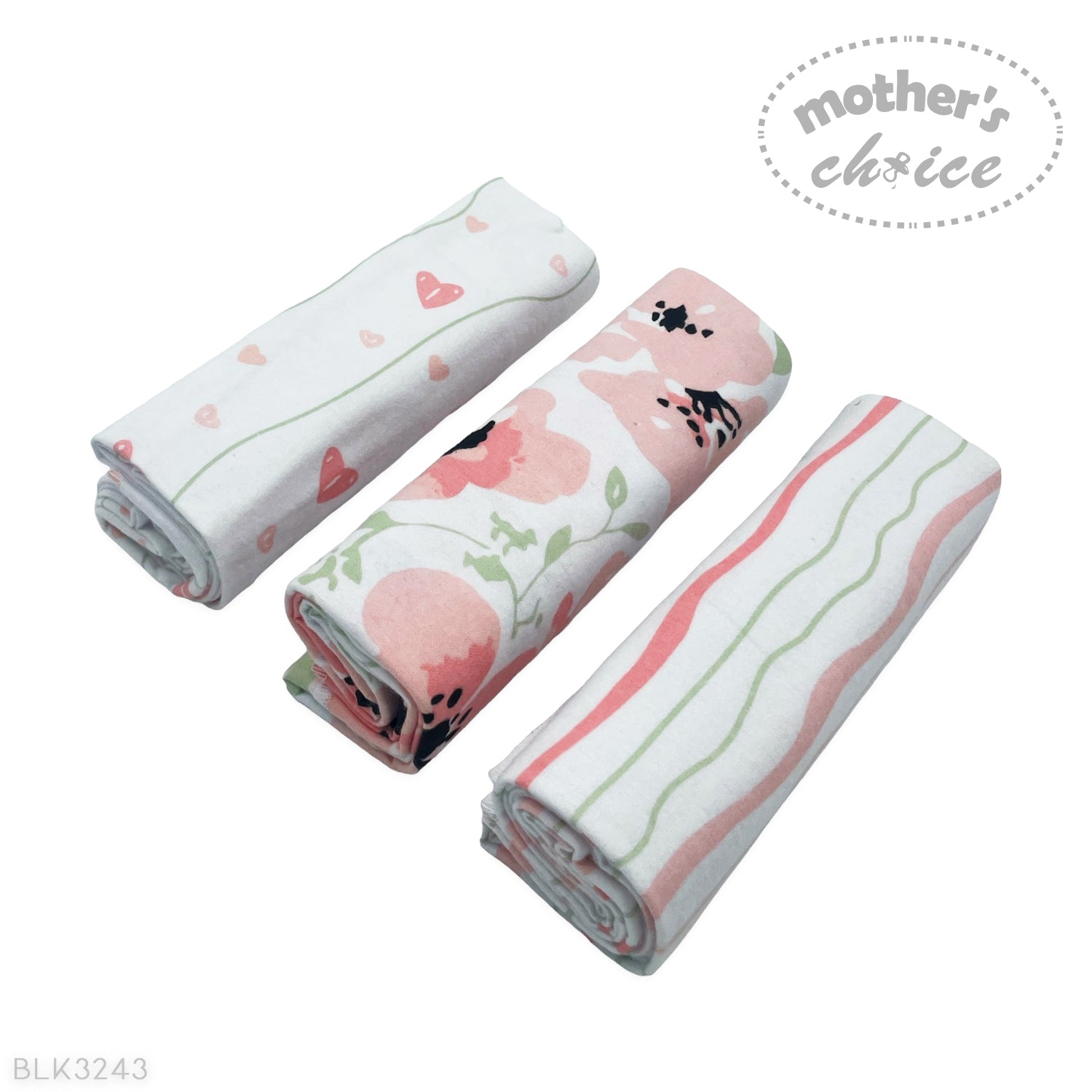 Three rolled-up fabric swaddles with different patterns on a white background, featuring the 'Mother's Choice' brand.