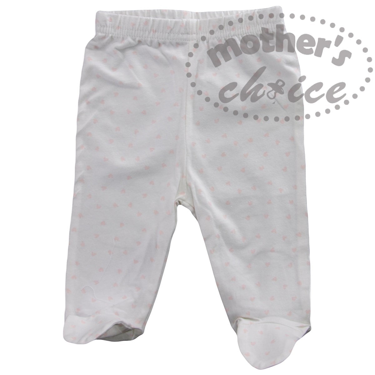 White baby pants with pink polka dots on a white background, featuring 'mother's choice' branding.
