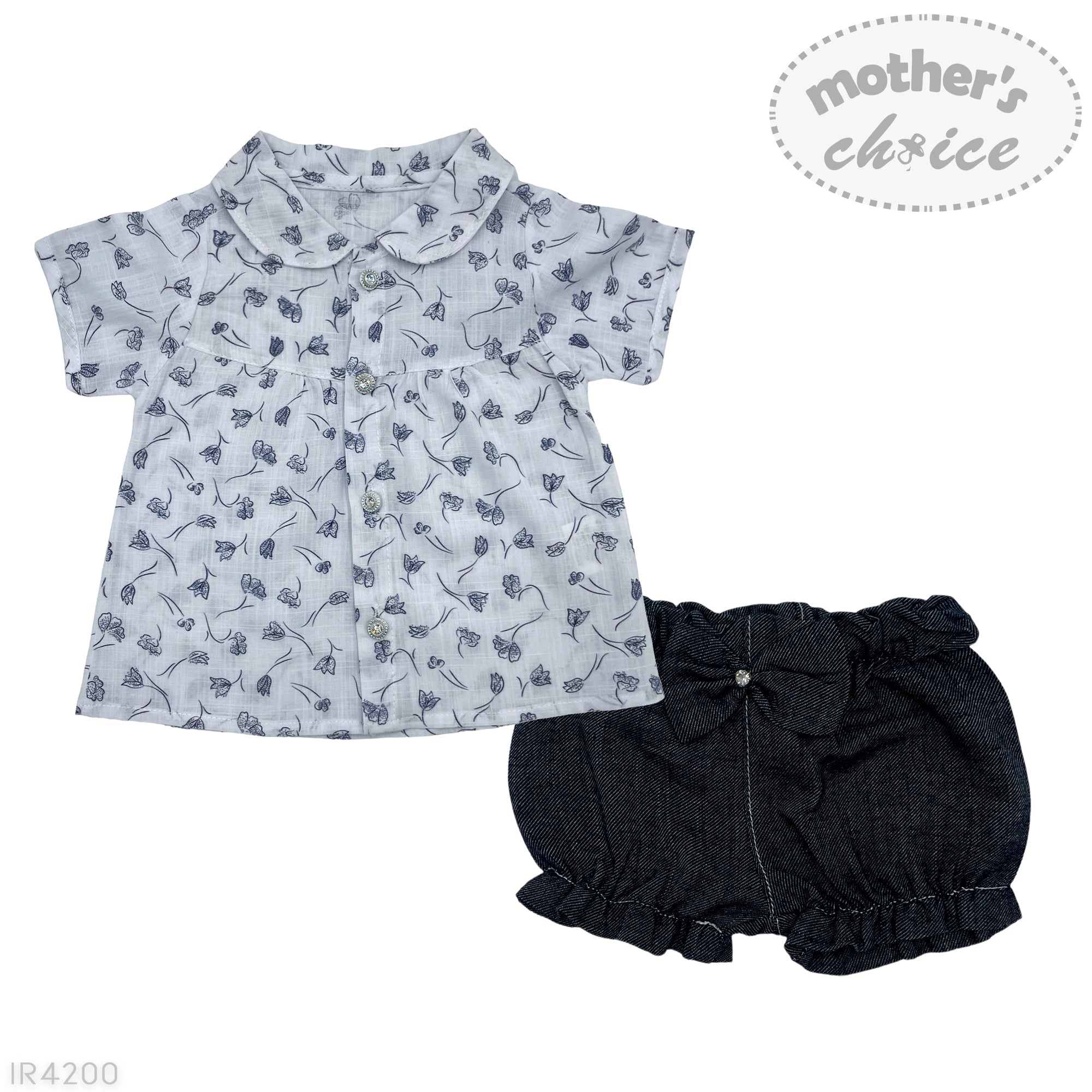Baby outfit with floral top and denim bloomers on a white background, featuring 'mother's choice' branding.