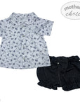 Baby outfit with floral top and denim bloomers on a white background, featuring 'mother's choice' branding.
