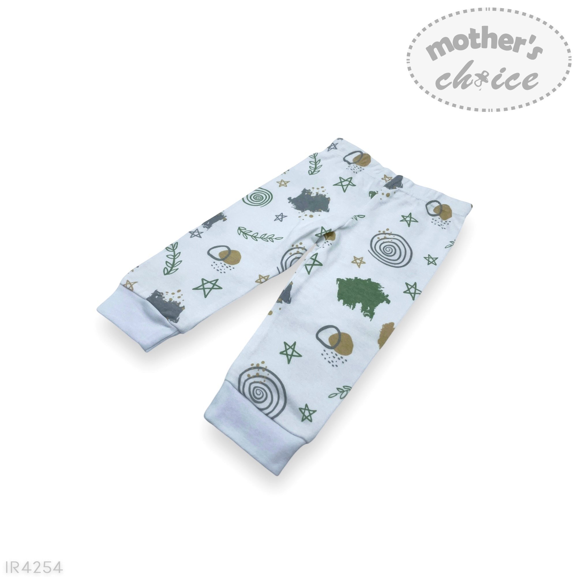 Baby leg warmers with animal pattern on a white background, branded 'Mother's Choice'.