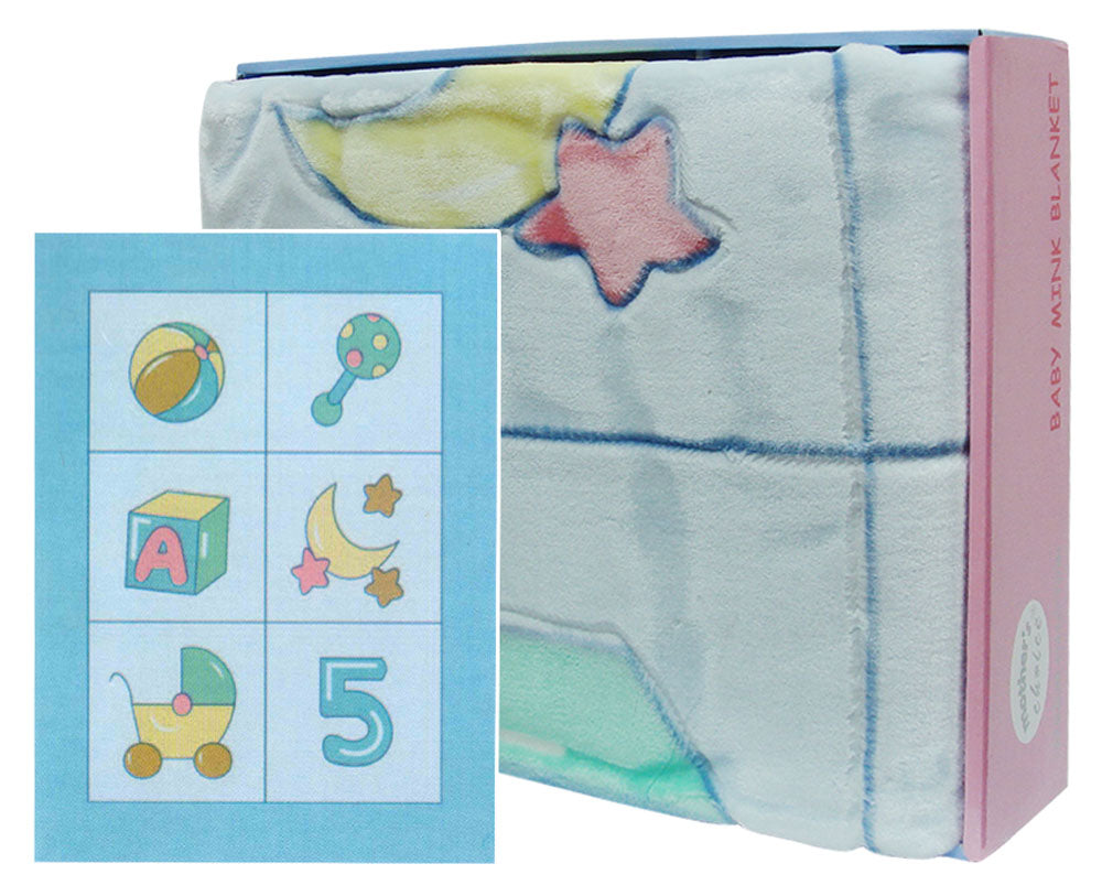 Baby blanket with colorful patterns and icons on a pink box