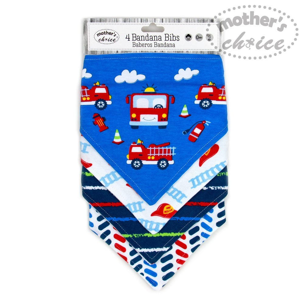 Packaged bandana bib with fire truck design on a white background