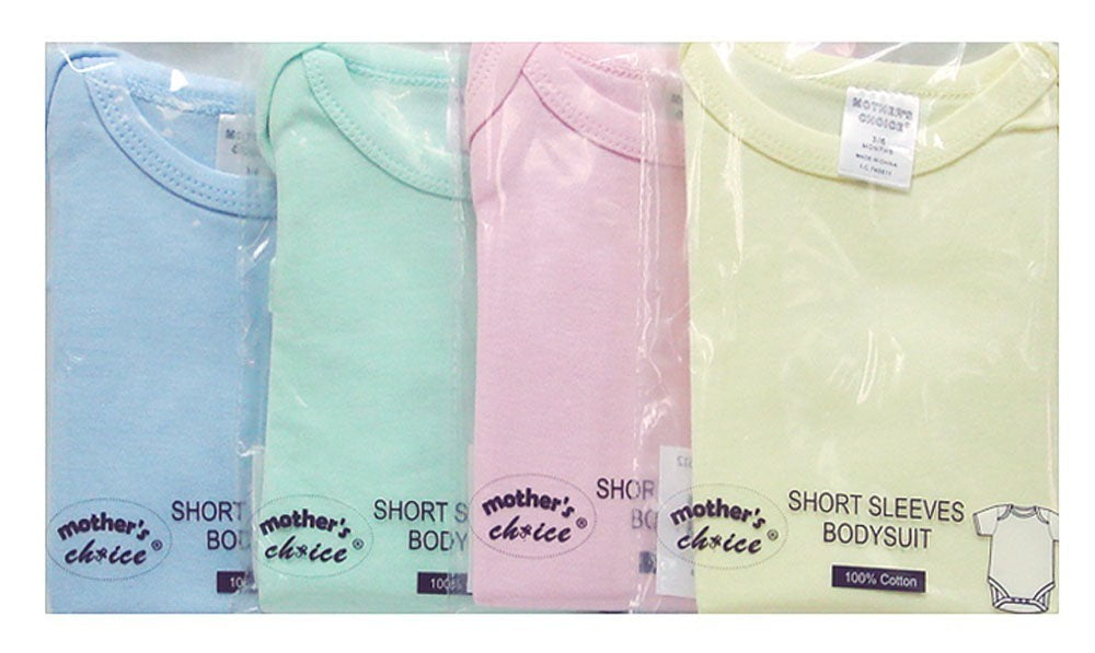 Four baby bodysuits in blue, green, pink, and yellow packaging with 'mother's choice' branding.