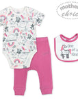 Baby outfit set with bodysuit, pants, and bib on a white background