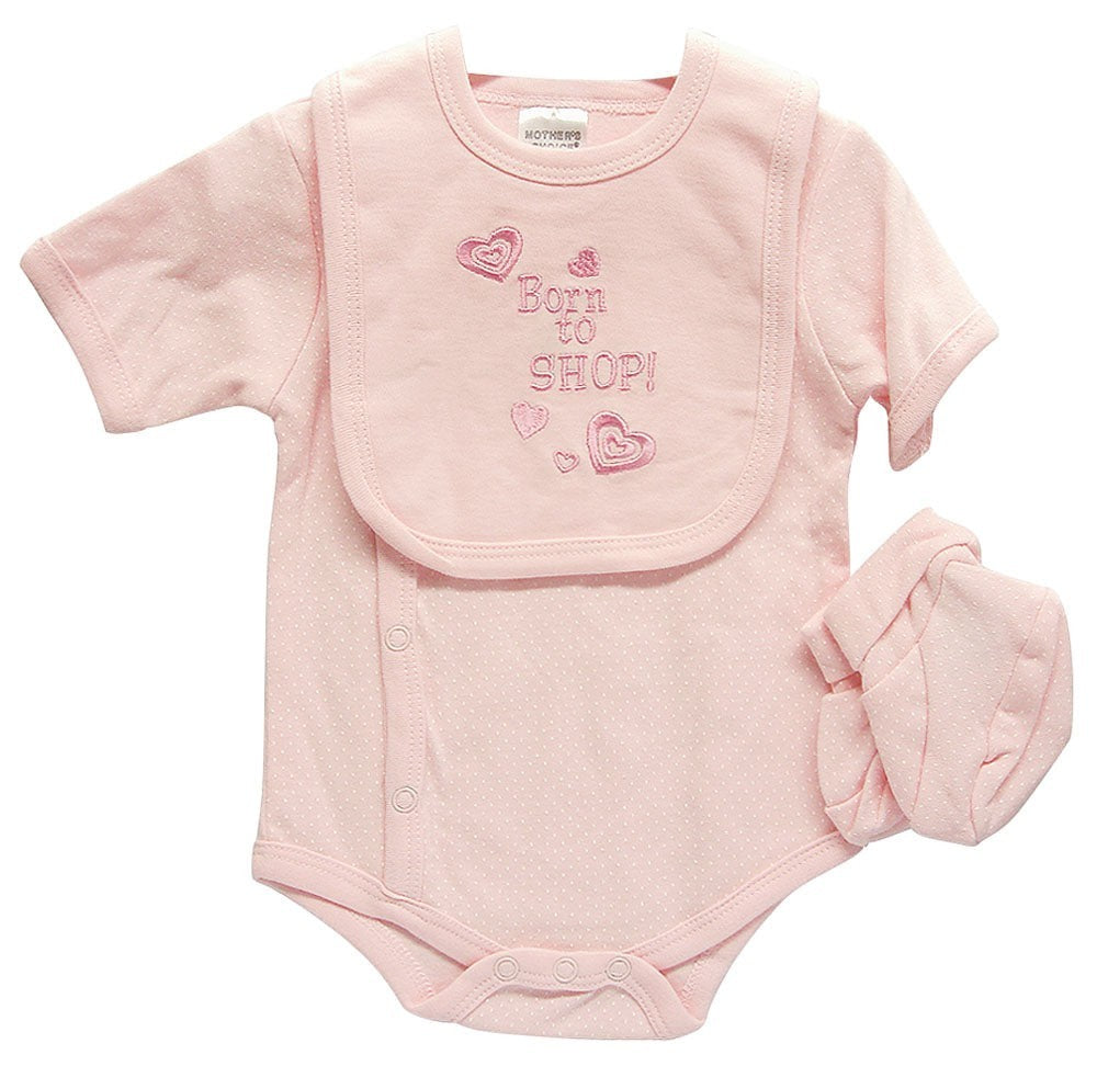 Pink baby outfit with 'Born to Shop' text on a white background